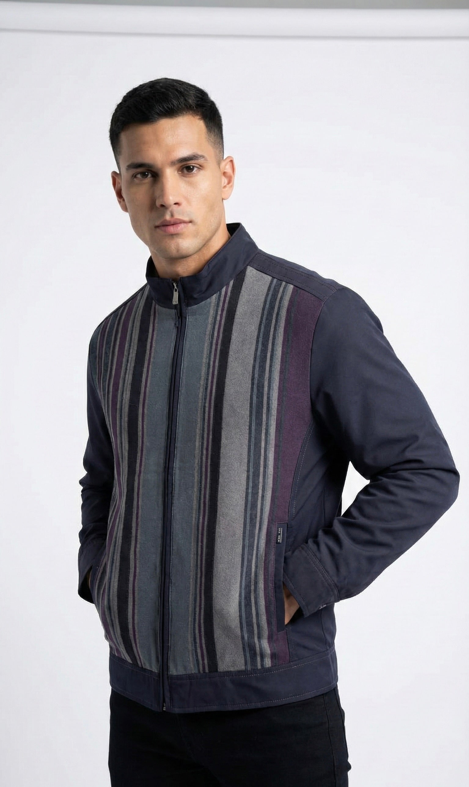 Striped Panel Navy Bomber Jacket