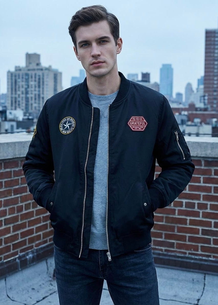 Men’s Black Bomber Jacket with Patches