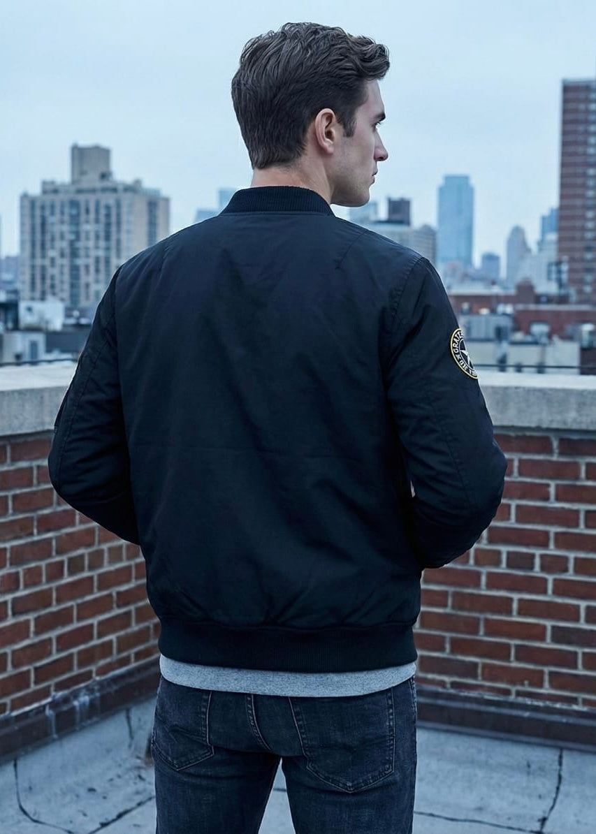 Men’s Black Bomber Jacket with Patches