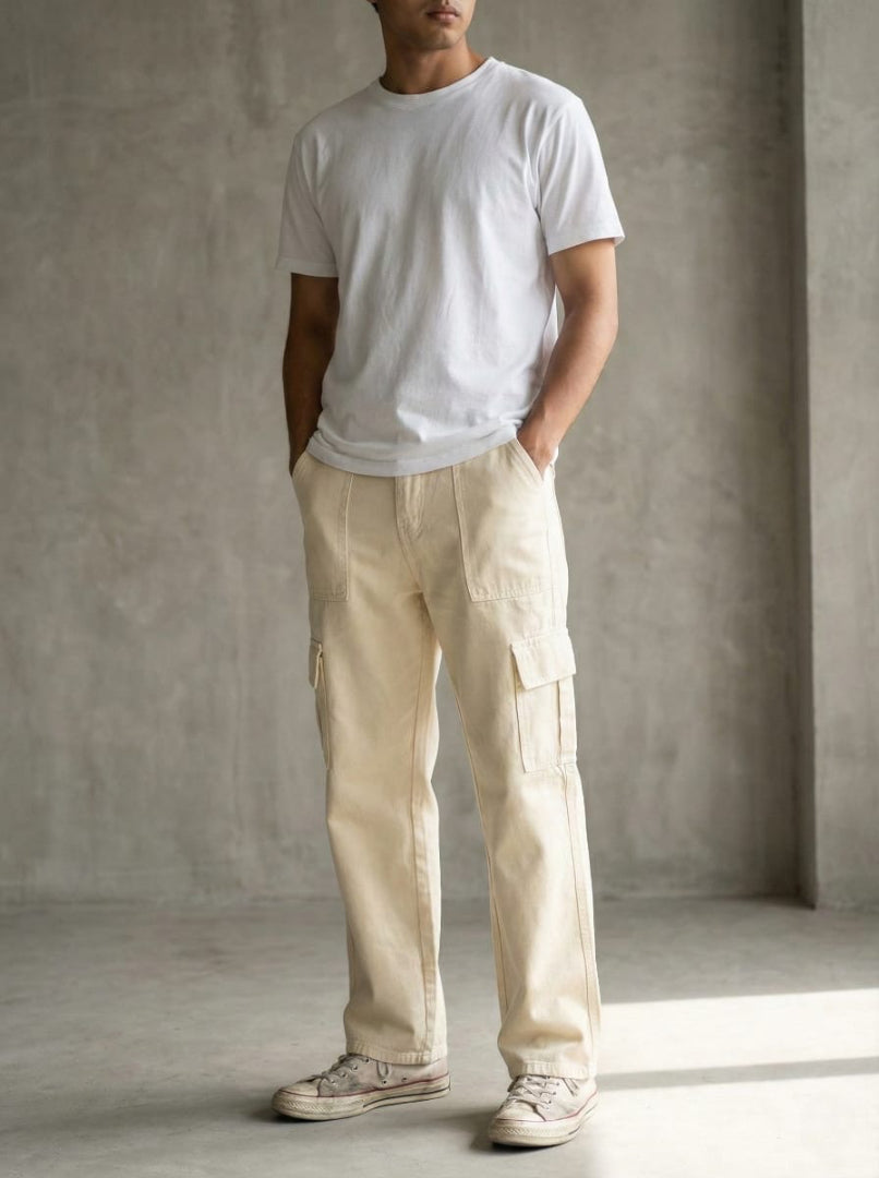 Men’s Cream Cargo Denim Pants