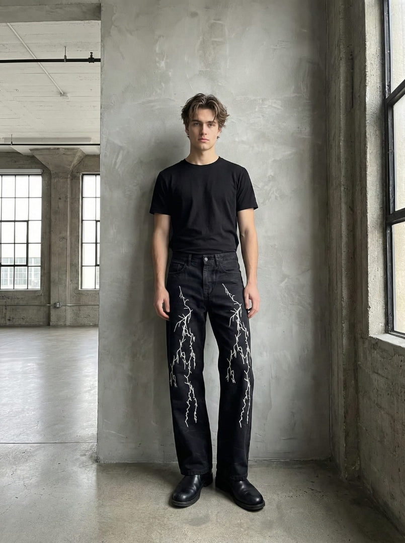 Black Lightning Embroidered Denim