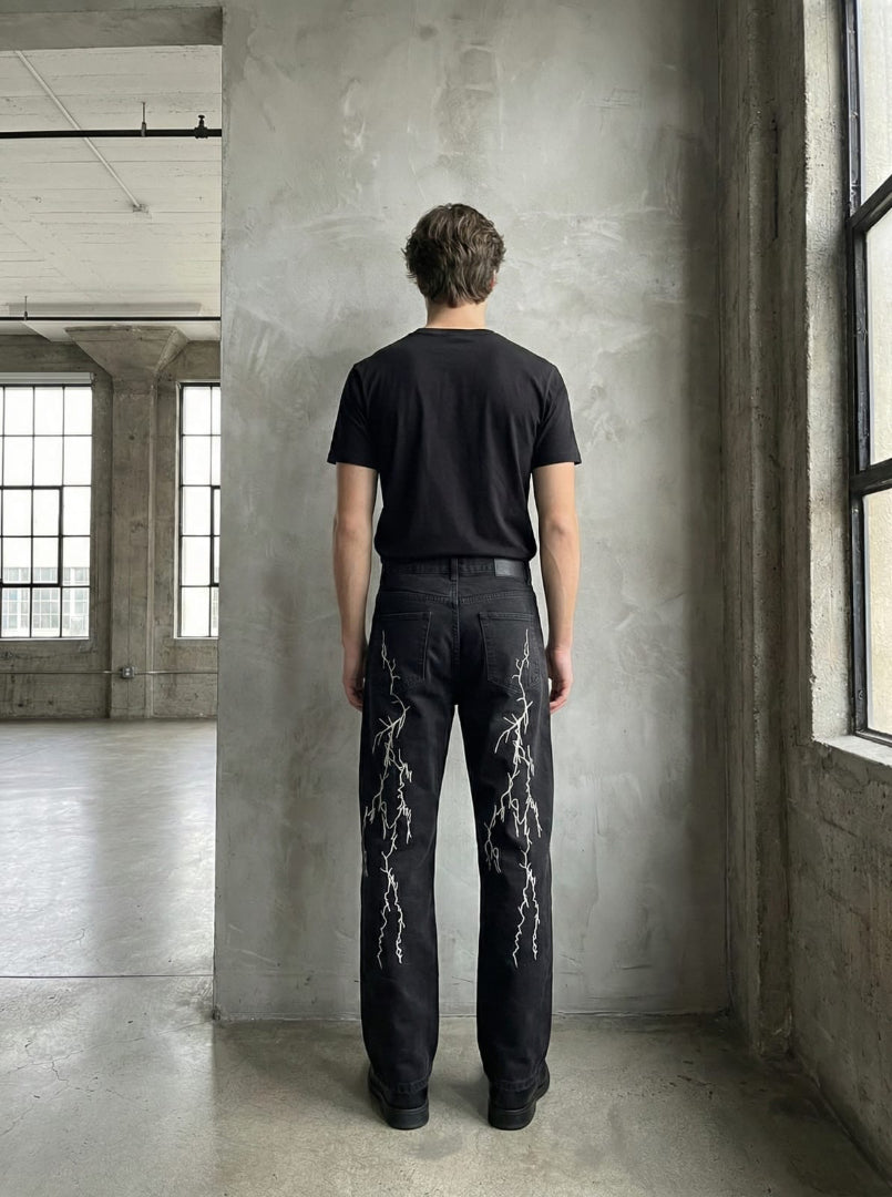 Black Lightning Embroidered Denim